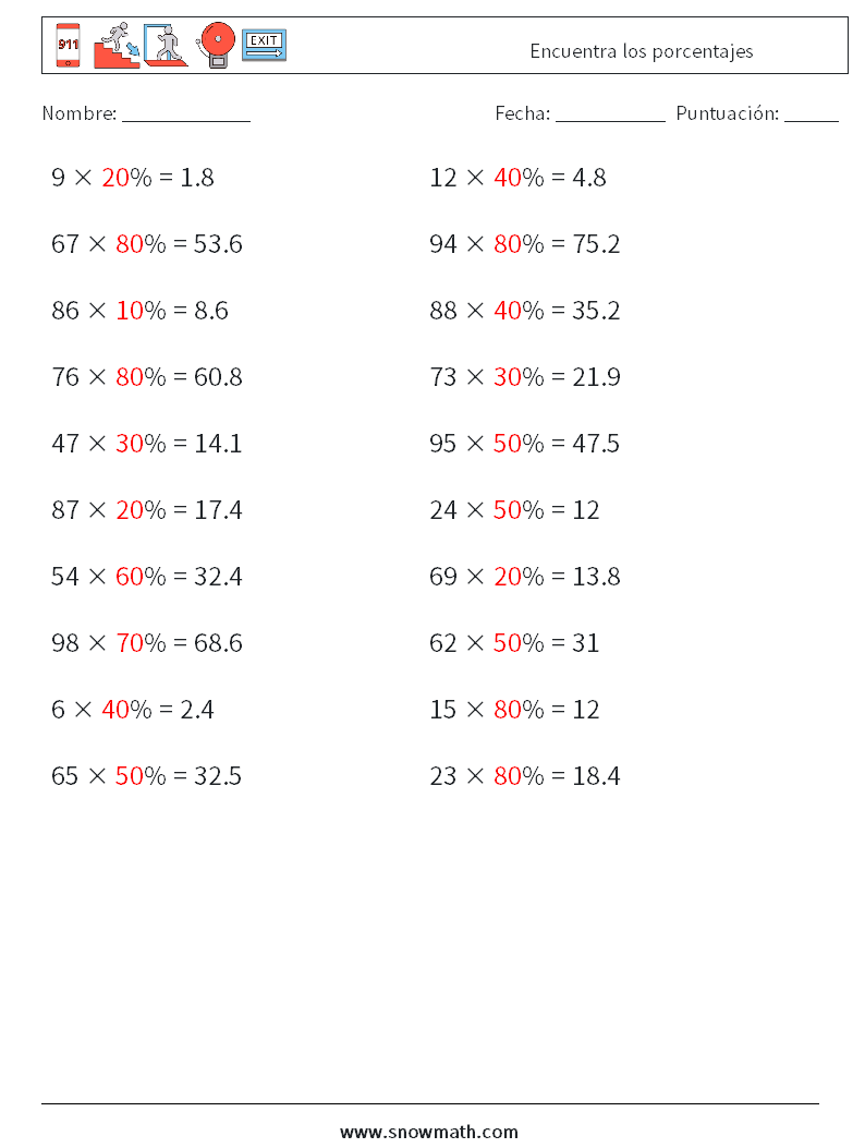 Encuentra los porcentajes Hojas de trabajo de matemáticas 8 Pregunta, respuesta