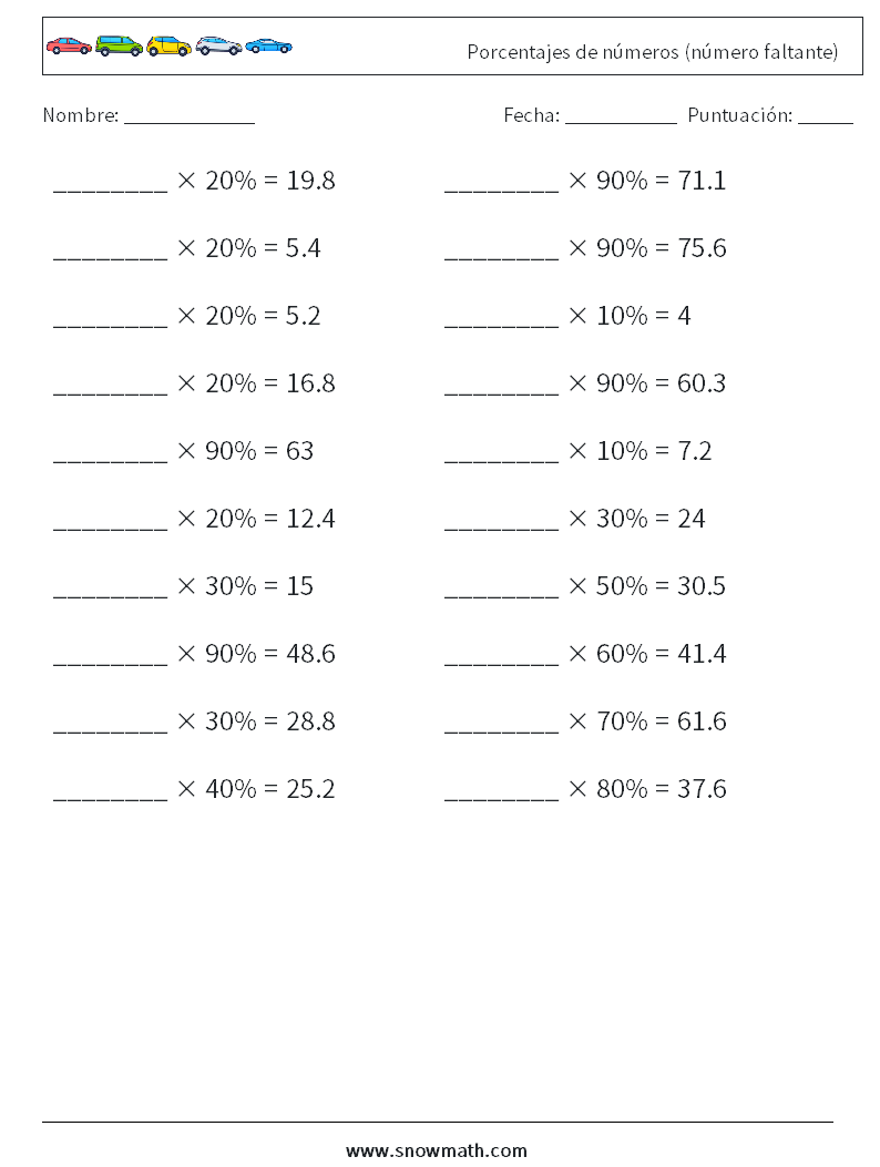 Porcentajes de números (número faltante) Hojas de trabajo de matemáticas 1