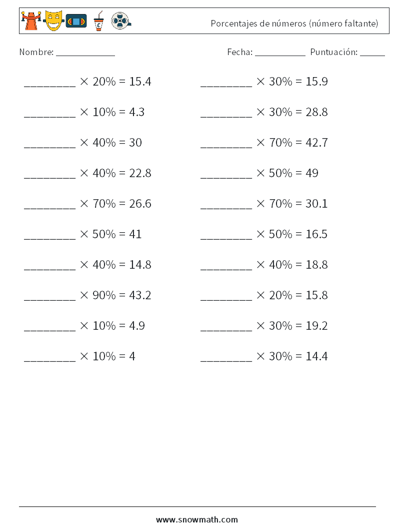 Porcentajes de números (número faltante) Hojas de trabajo de matemáticas 2