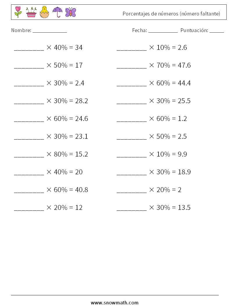 Porcentajes de números (número faltante) Hojas de trabajo de matemáticas 6