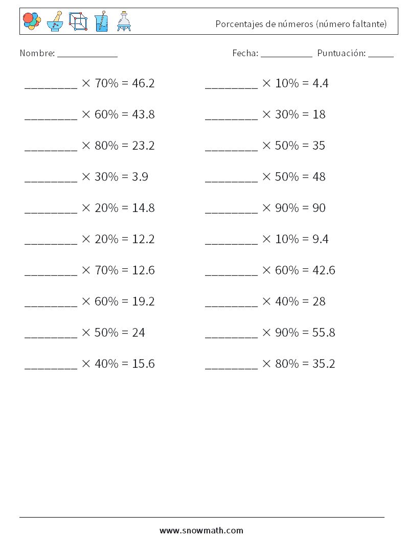 Porcentajes de números (número faltante) Hojas de trabajo de matemáticas 7