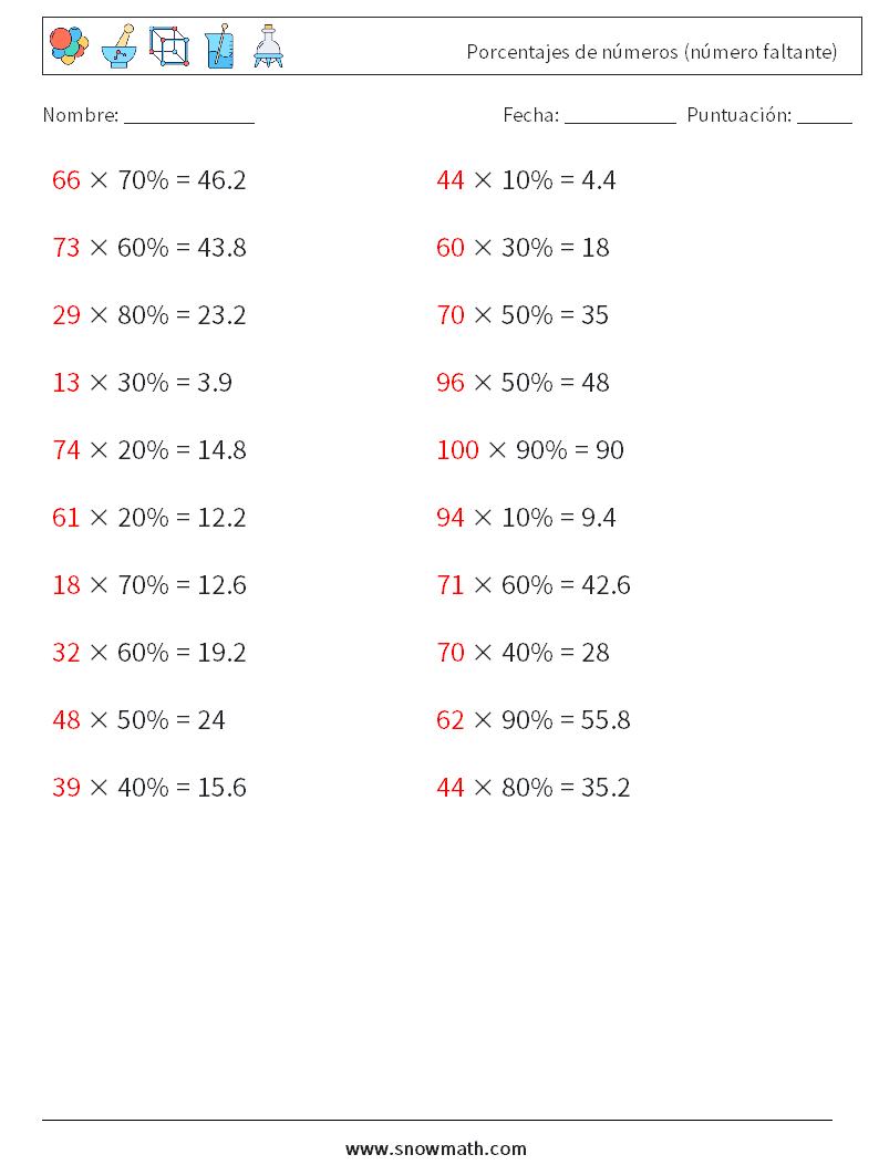 Porcentajes de números (número faltante) Hojas de trabajo de matemáticas 7 Pregunta, respuesta