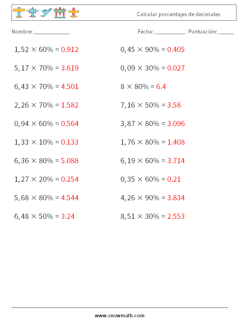 Calcular porcentajes de decimales Hojas de trabajo de matemáticas 1 Pregunta, respuesta