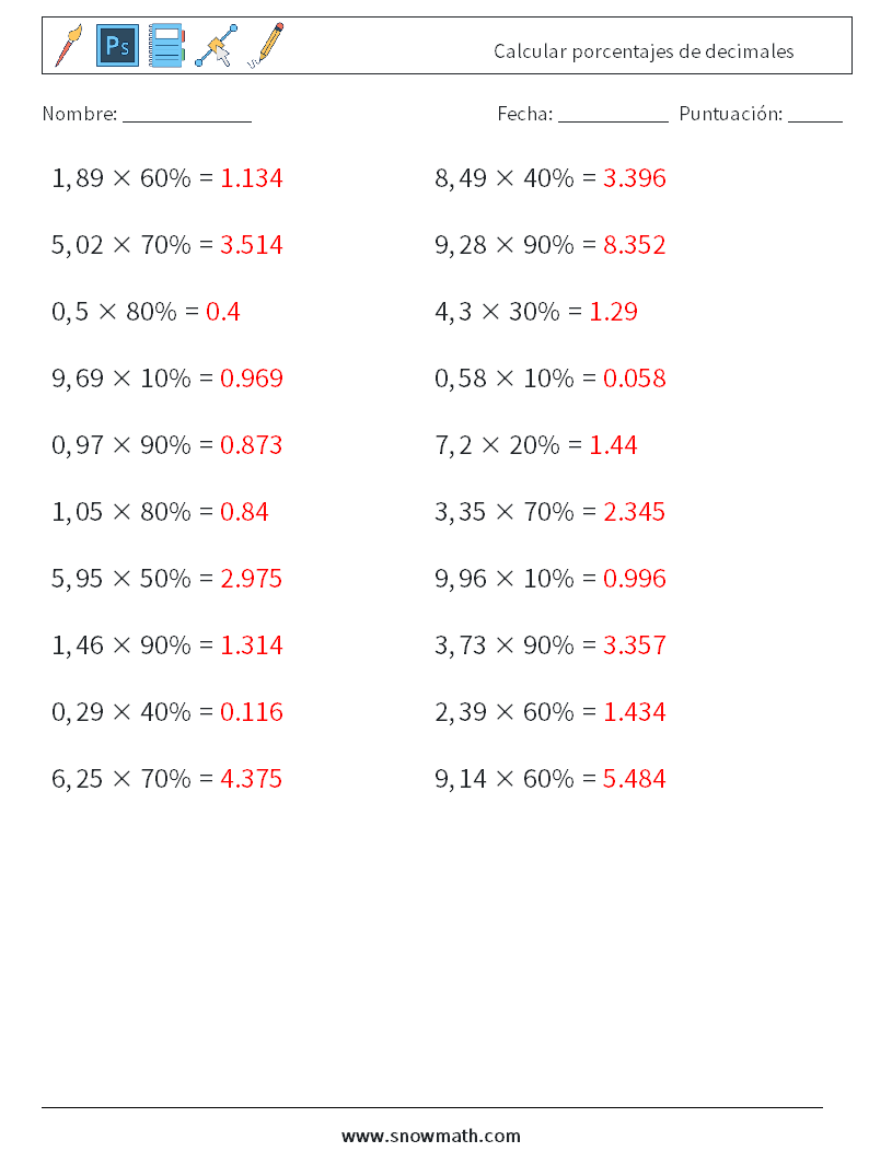 Calcular porcentajes de decimales Hojas de trabajo de matemáticas 2 Pregunta, respuesta