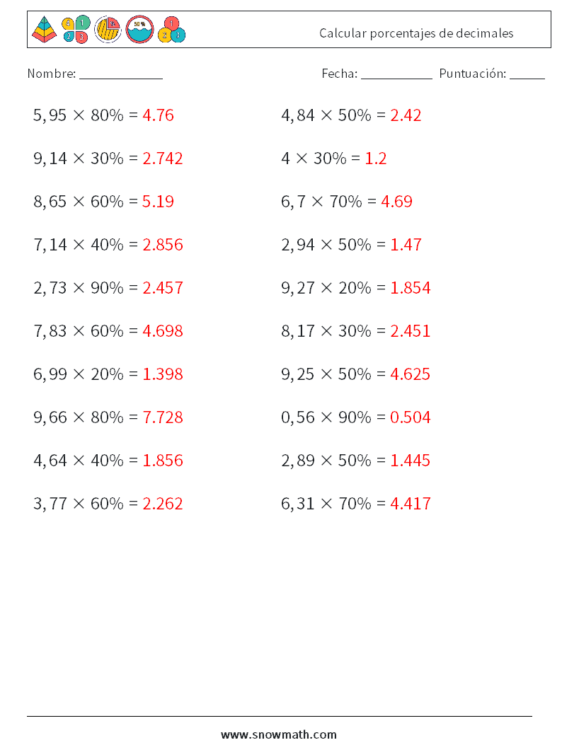 Calcular porcentajes de decimales Hojas de trabajo de matemáticas 3 Pregunta, respuesta