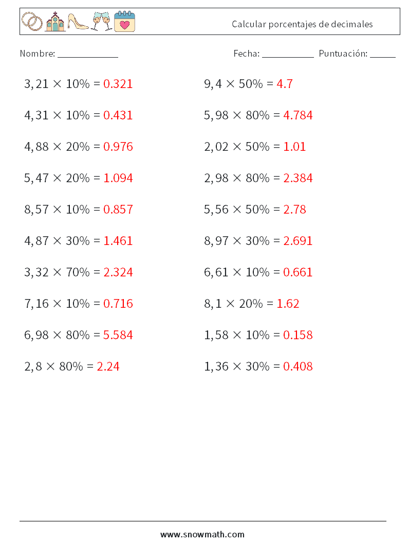 Calcular porcentajes de decimales Hojas de trabajo de matemáticas 4 Pregunta, respuesta