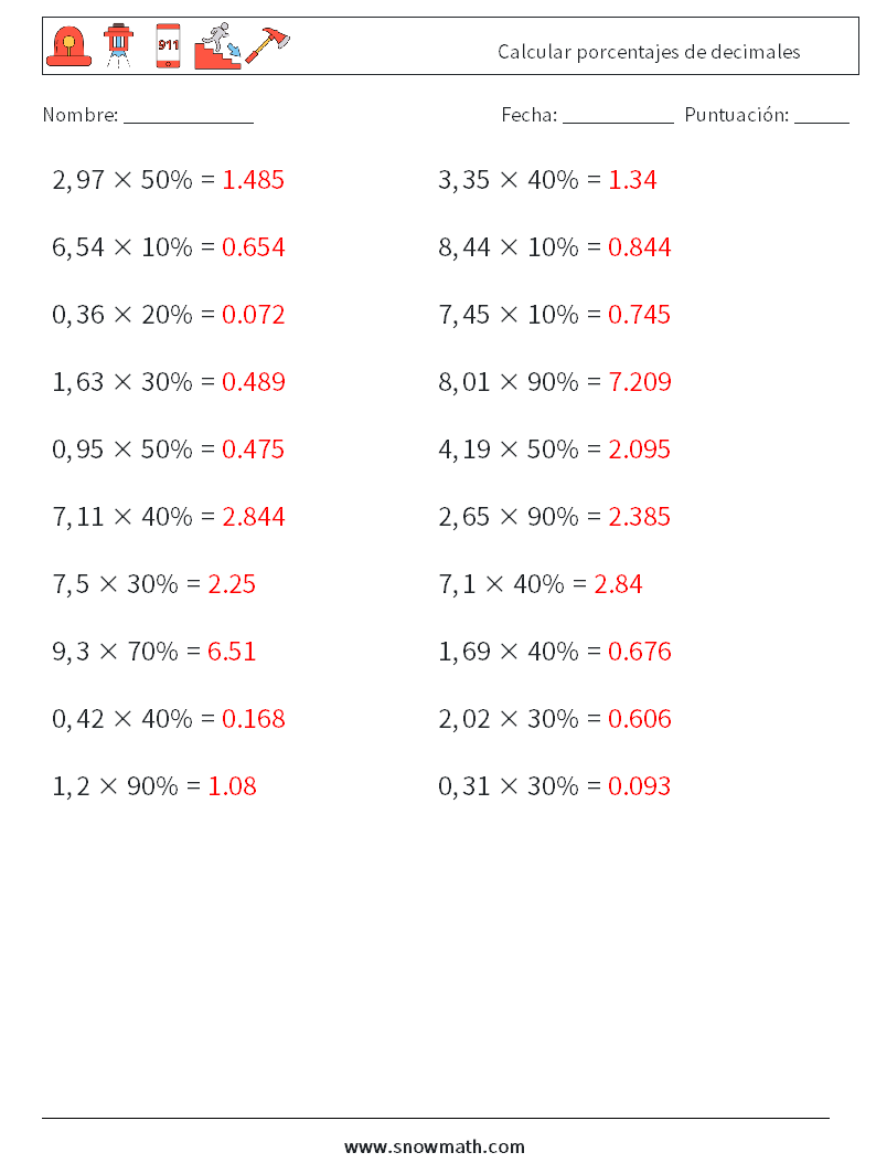 Calcular porcentajes de decimales Hojas de trabajo de matemáticas 5 Pregunta, respuesta