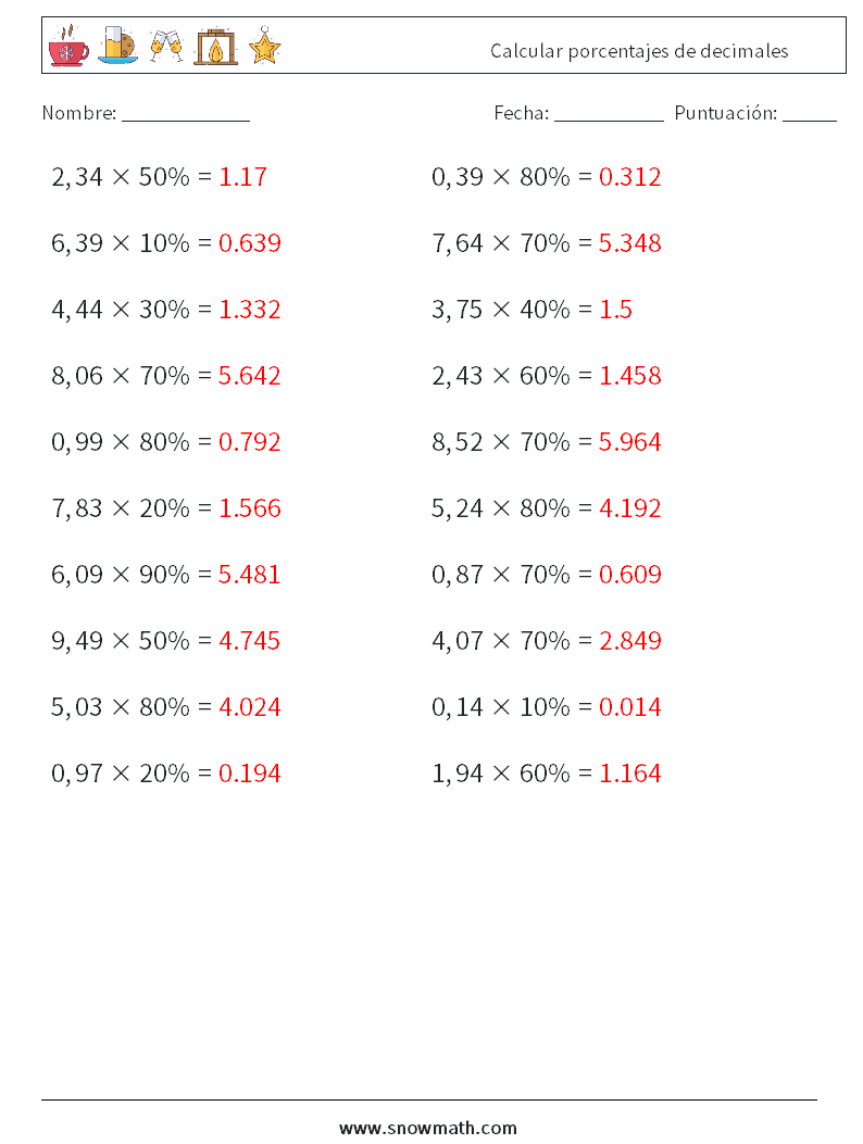 Calcular porcentajes de decimales Hojas de trabajo de matemáticas 6 Pregunta, respuesta