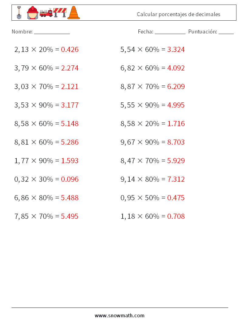 Calcular porcentajes de decimales Hojas de trabajo de matemáticas 7 Pregunta, respuesta