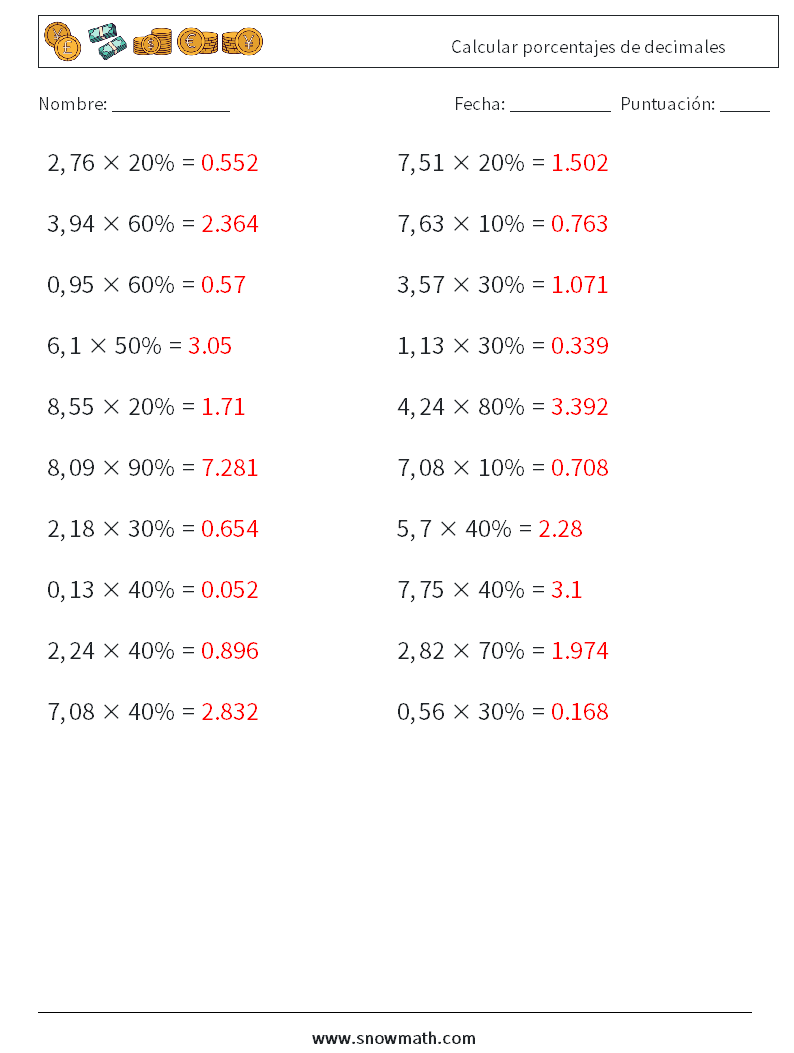 Calcular porcentajes de decimales Hojas de trabajo de matemáticas 8 Pregunta, respuesta