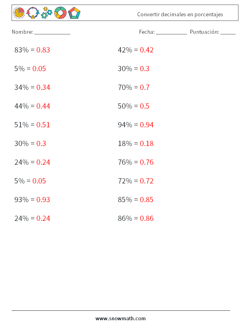 Convertir decimales en porcentajes Hojas de trabajo de matemáticas 1 Pregunta, respuesta