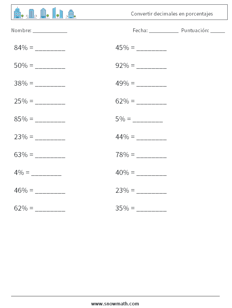 Convertir decimales en porcentajes Hojas de trabajo de matemáticas 3