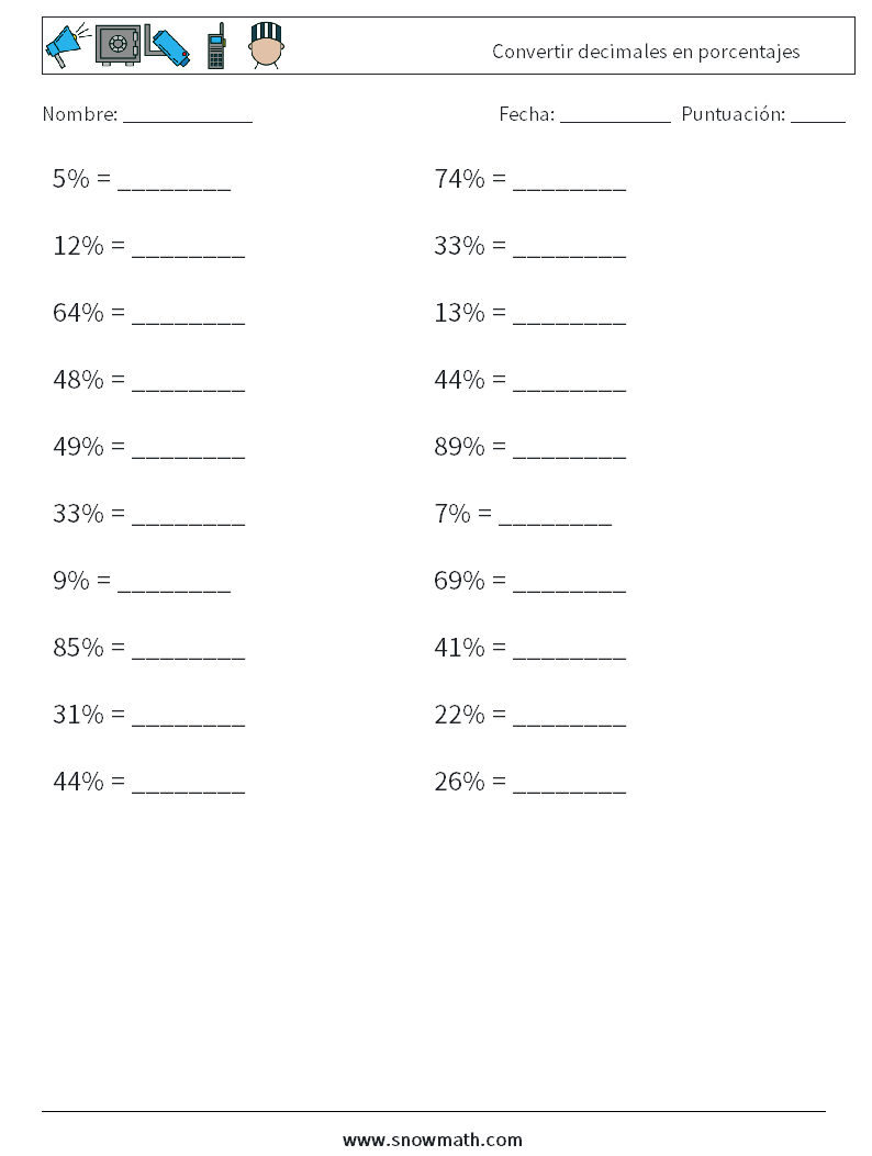 Convertir decimales en porcentajes Hojas de trabajo de matemáticas 4