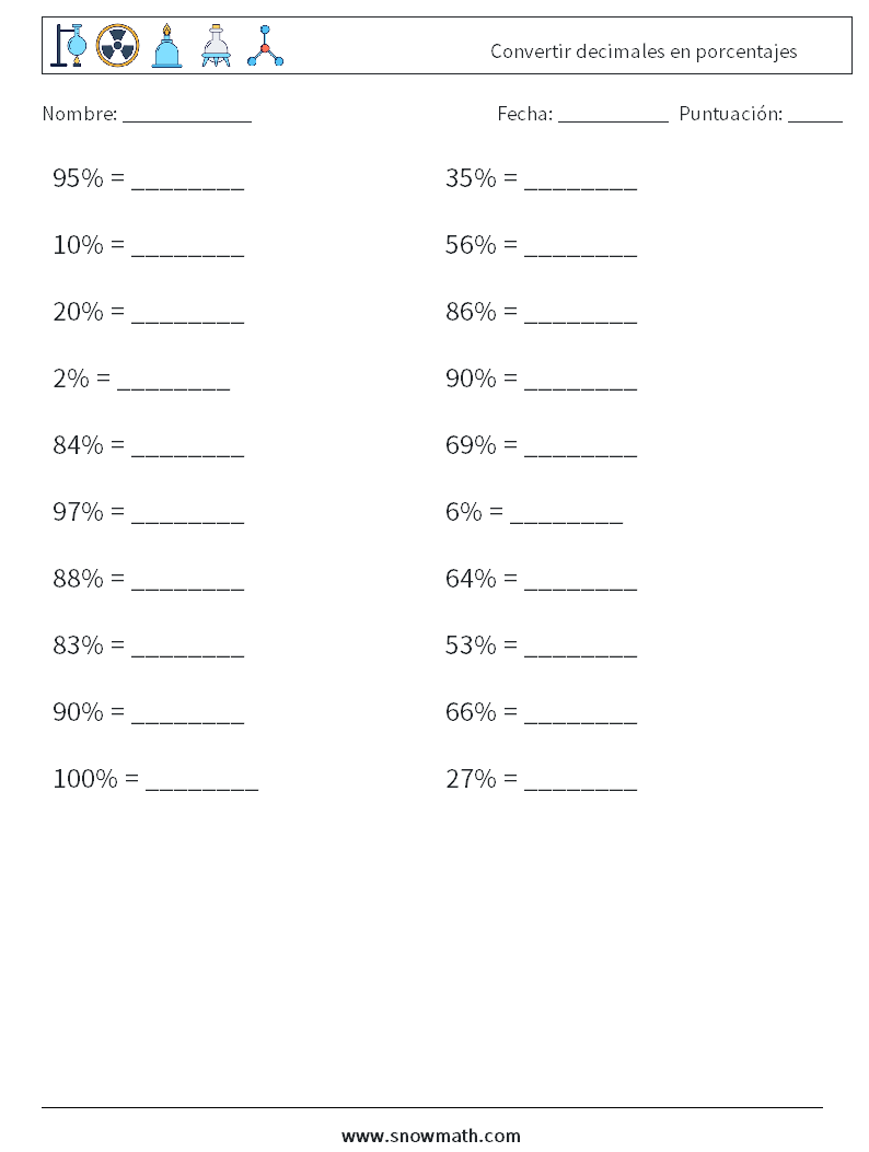 Convertir decimales en porcentajes Hojas de trabajo de matemáticas 5