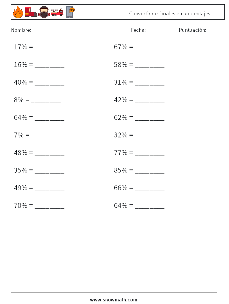 Convertir decimales en porcentajes Hojas de trabajo de matemáticas 8