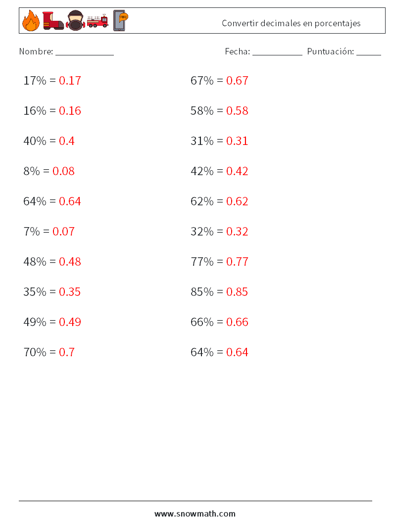 Convertir decimales en porcentajes Hojas de trabajo de matemáticas 8 Pregunta, respuesta