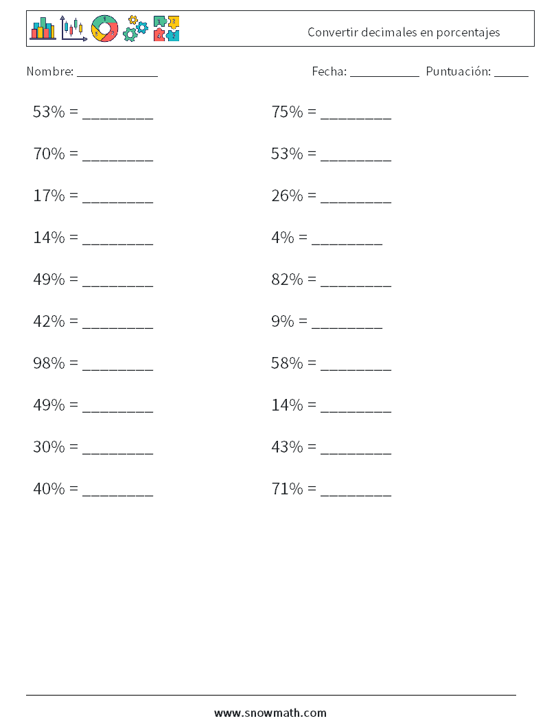 Convertir decimales en porcentajes Hojas de trabajo de matemáticas 9