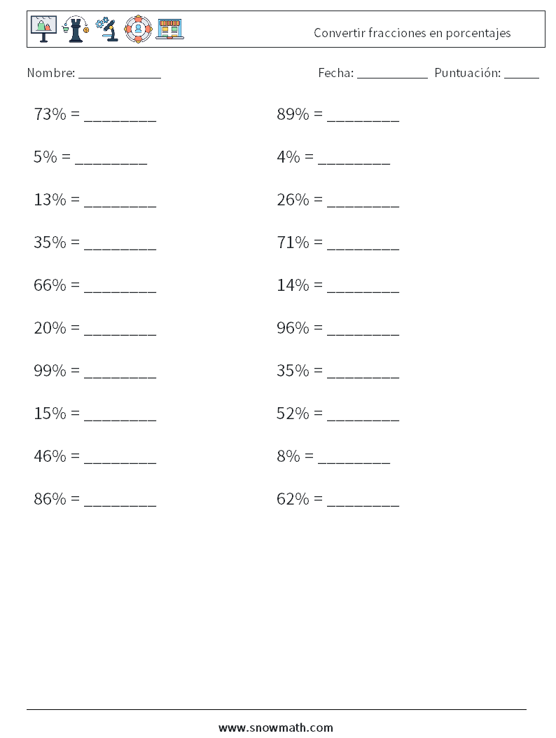 Convertir fracciones en porcentajes Hojas de trabajo de matemáticas 1