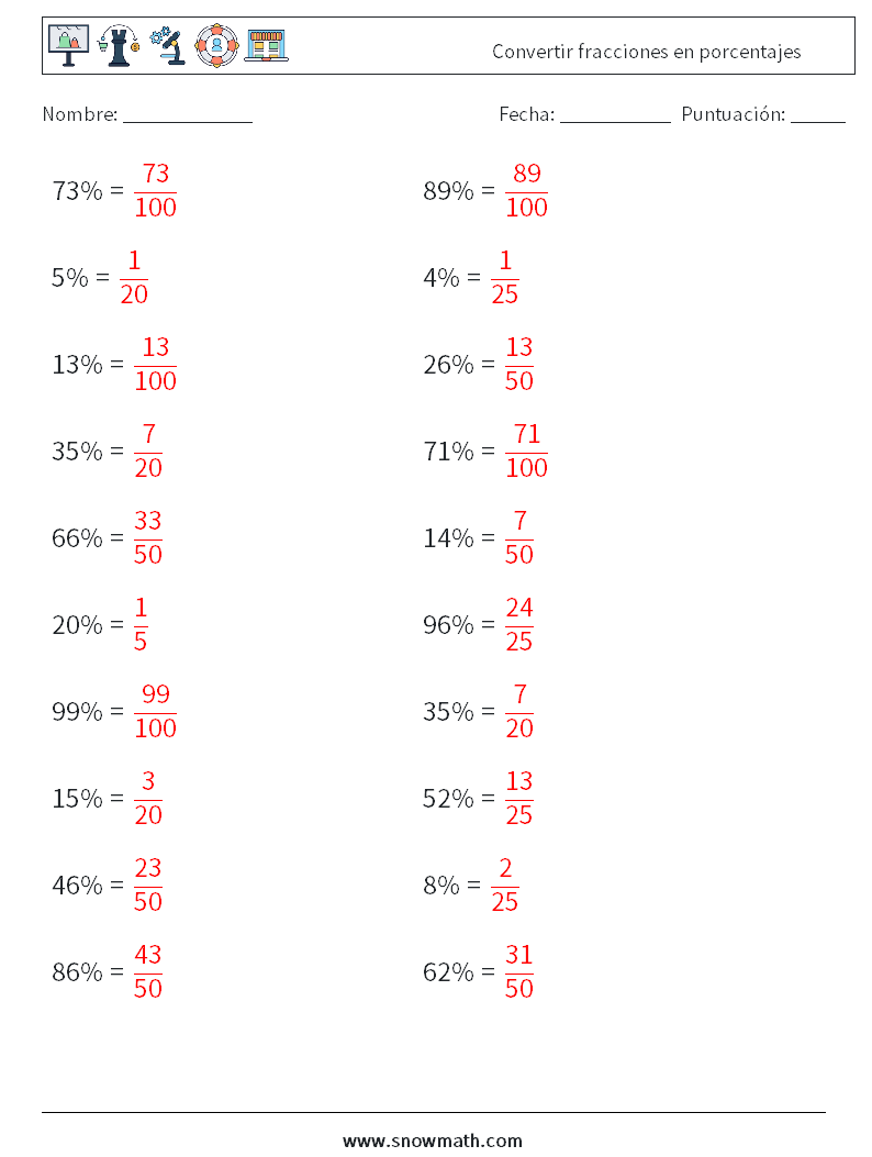 Convertir fracciones en porcentajes Hojas de trabajo de matemáticas 1 Pregunta, respuesta