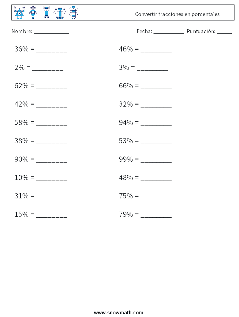 Convertir fracciones en porcentajes Hojas de trabajo de matemáticas 2