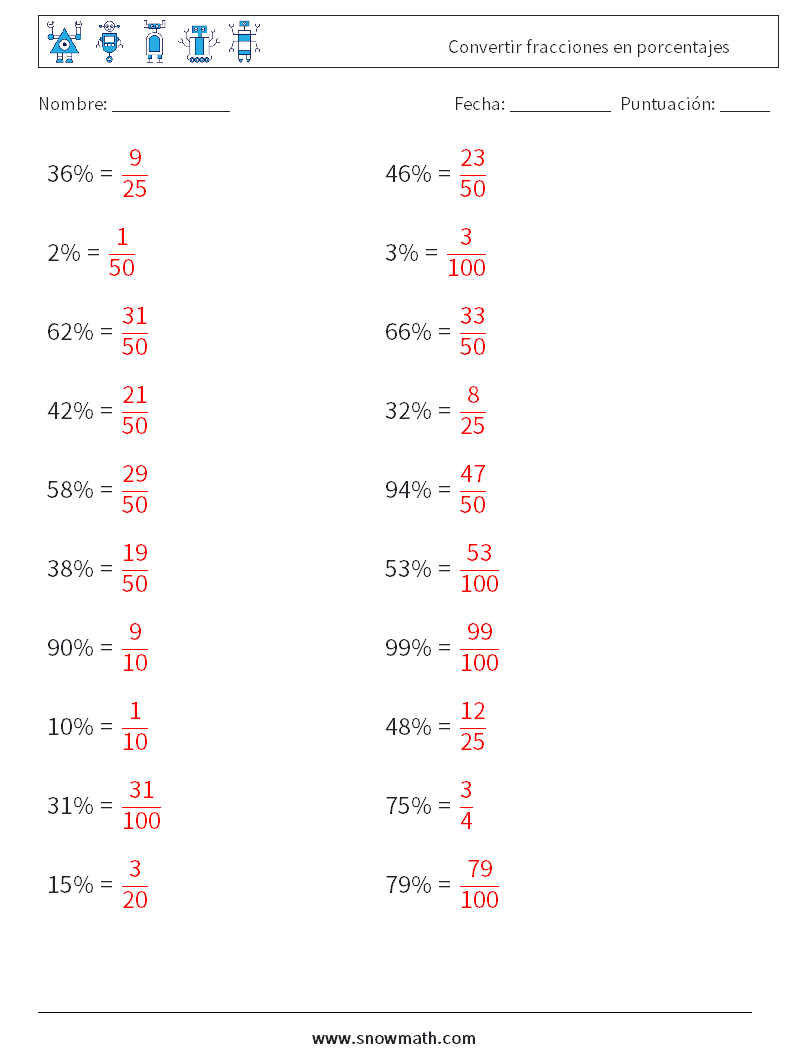 Convertir fracciones en porcentajes Hojas de trabajo de matemáticas 2 Pregunta, respuesta