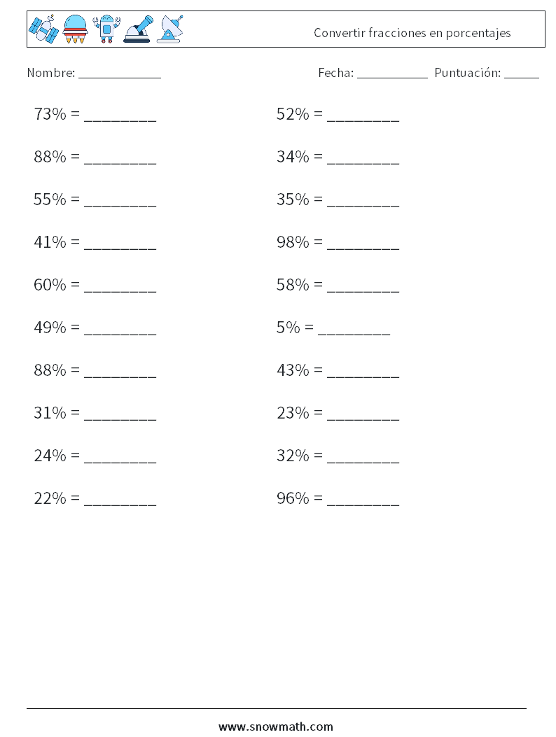 Convertir fracciones en porcentajes Hojas de trabajo de matemáticas 3