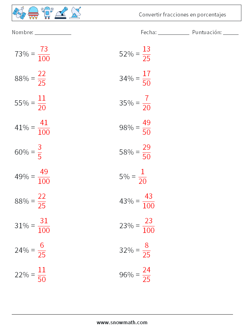 Convertir fracciones en porcentajes Hojas de trabajo de matemáticas 3 Pregunta, respuesta