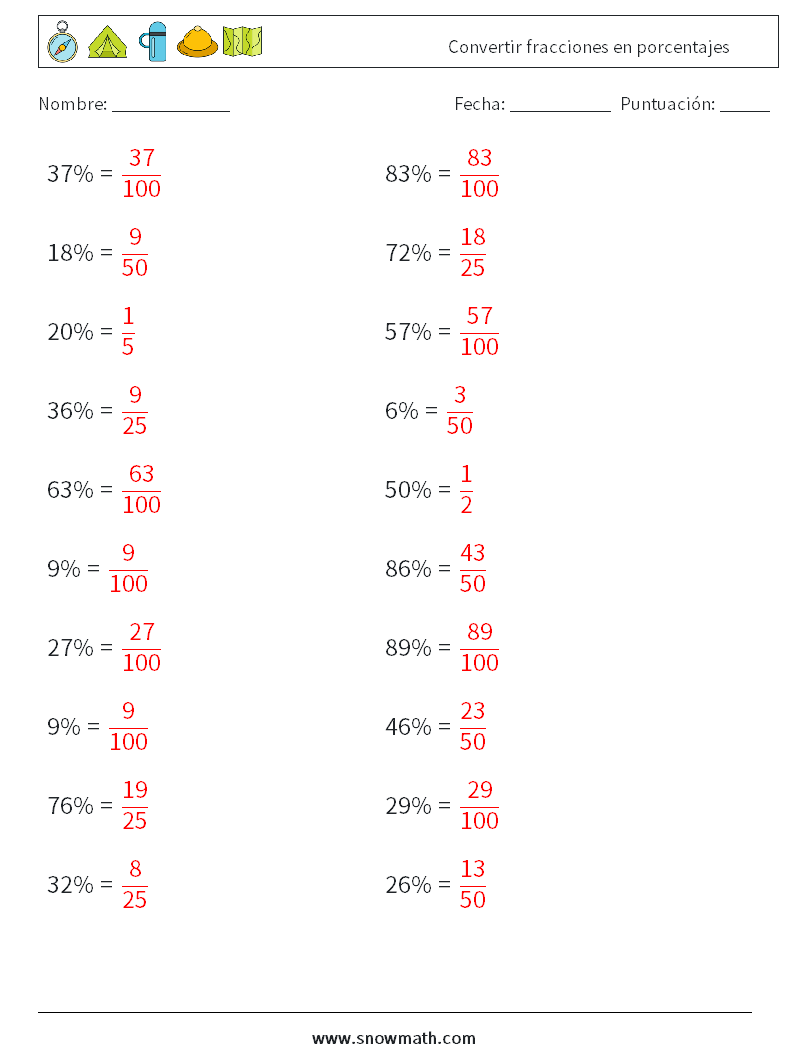 Convertir fracciones en porcentajes Hojas de trabajo de matemáticas 4 Pregunta, respuesta