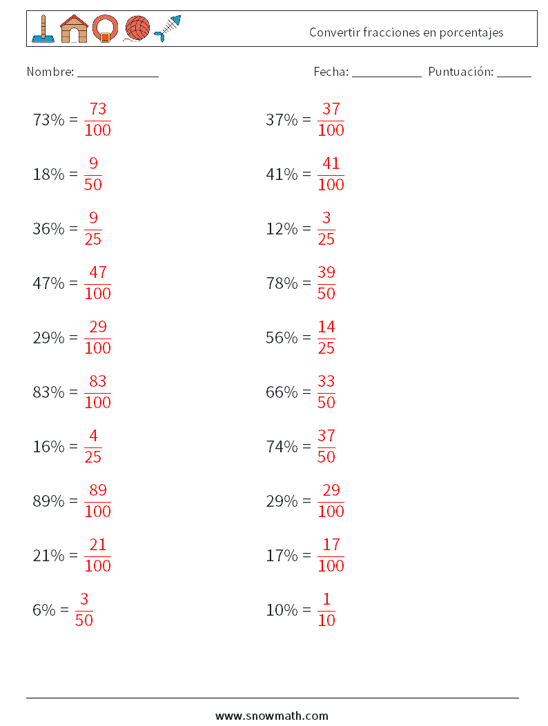 Convertir fracciones en porcentajes Hojas de trabajo de matemáticas 5 Pregunta, respuesta