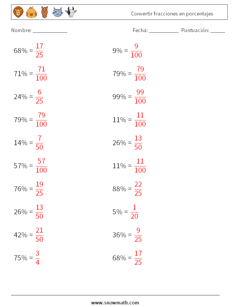 Convertir fracciones en porcentajes Hojas de trabajo de matemáticas 6 Pregunta, respuesta