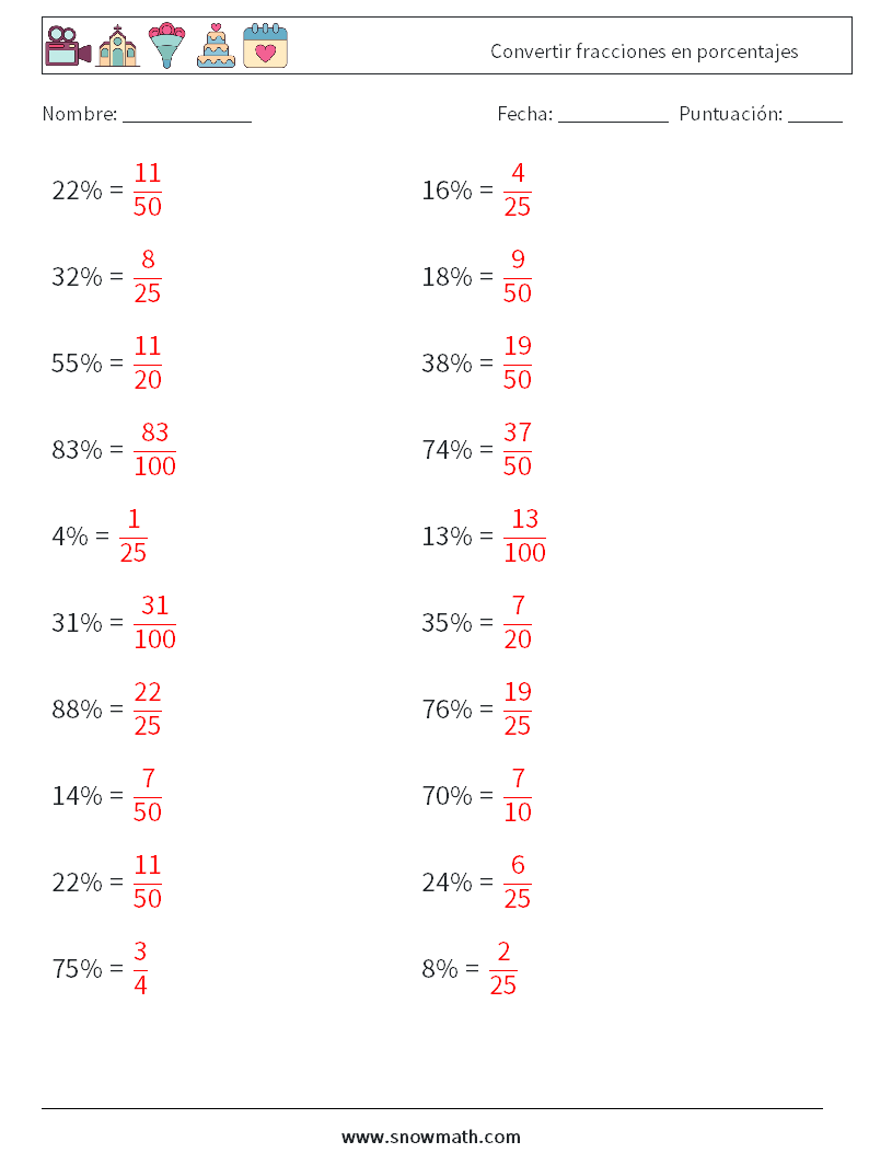 Convertir fracciones en porcentajes Hojas de trabajo de matemáticas 7 Pregunta, respuesta