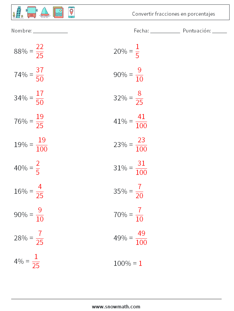 Convertir fracciones en porcentajes Hojas de trabajo de matemáticas 8 Pregunta, respuesta