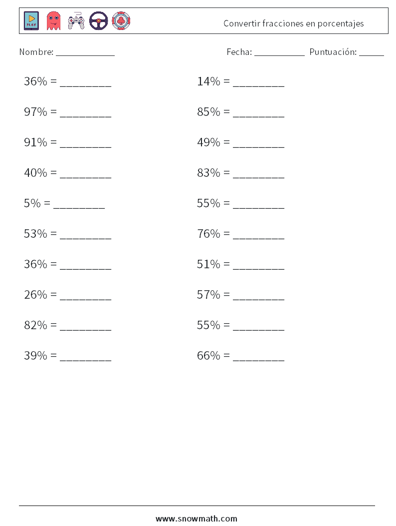 Convertir fracciones en porcentajes Hojas de trabajo de matemáticas 9