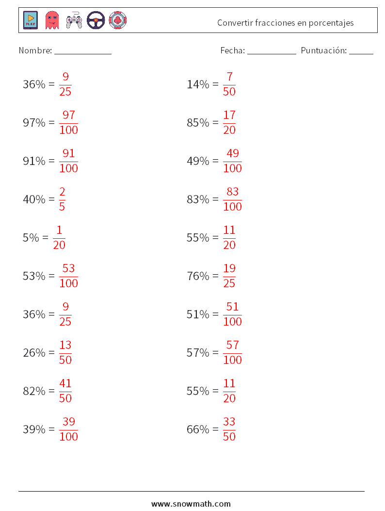 Convertir fracciones en porcentajes Hojas de trabajo de matemáticas 9 Pregunta, respuesta