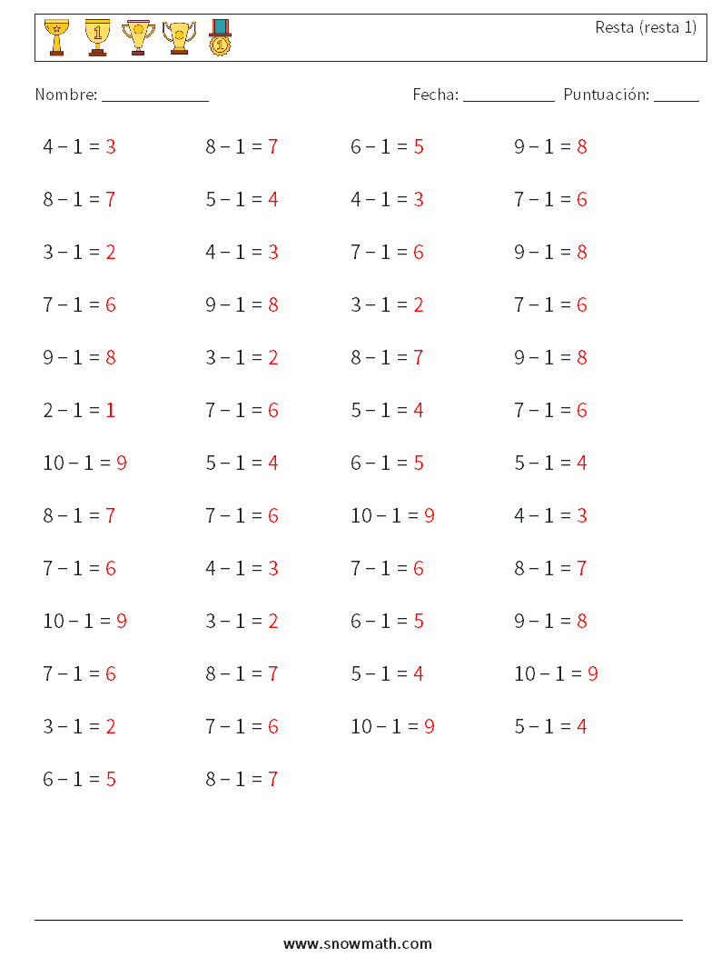 (50) Resta (resta 1) Hojas de trabajo de matemáticas 1 Pregunta, respuesta