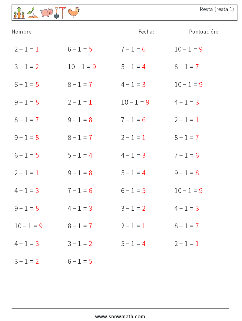 (50) Resta (resta 1) Hojas de trabajo de matemáticas 2 Pregunta, respuesta