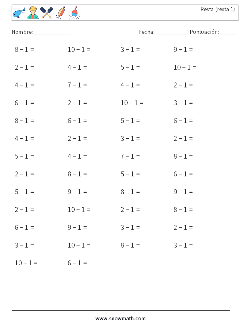 (50) Resta (resta 1) Hojas de trabajo de matemáticas 3