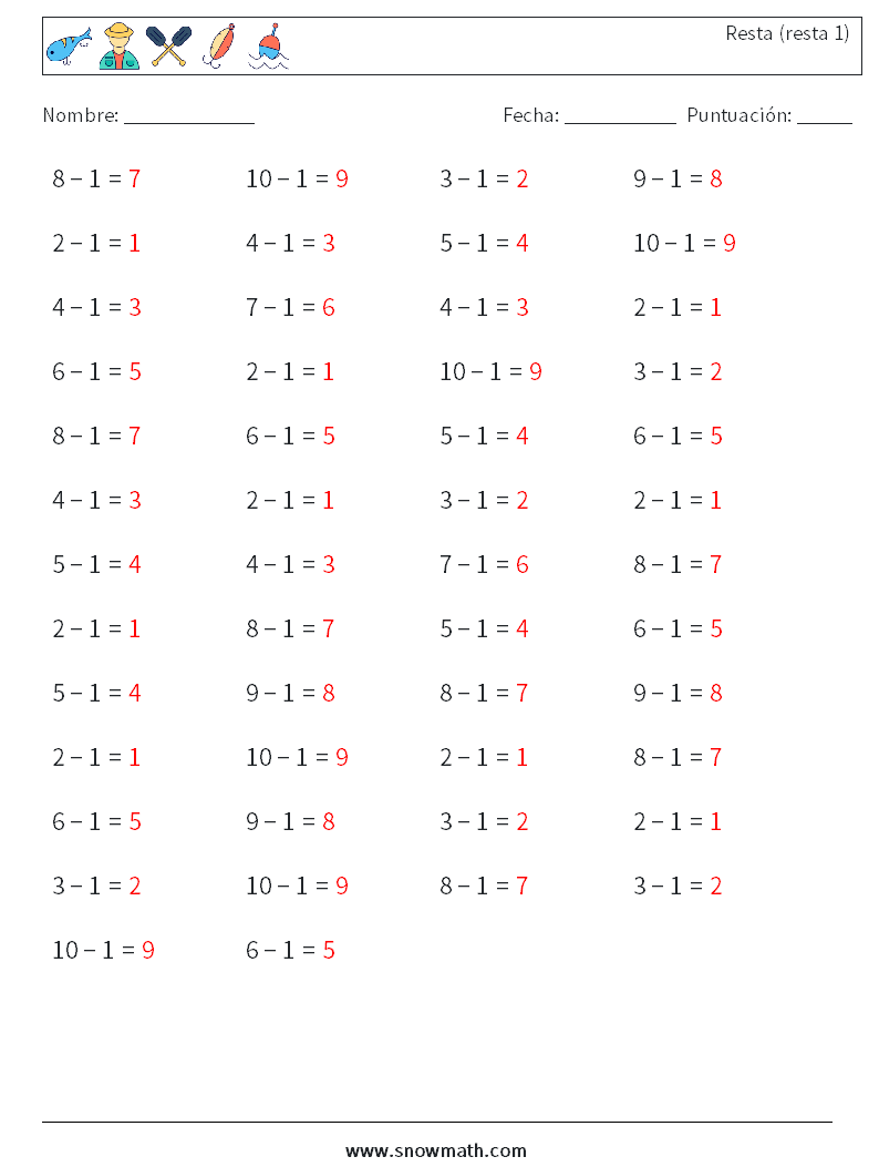 (50) Resta (resta 1) Hojas de trabajo de matemáticas 3 Pregunta, respuesta