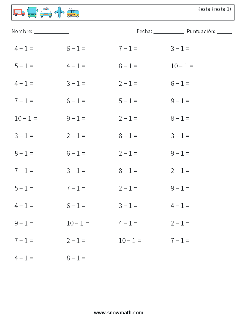 (50) Resta (resta 1) Hojas de trabajo de matemáticas 4