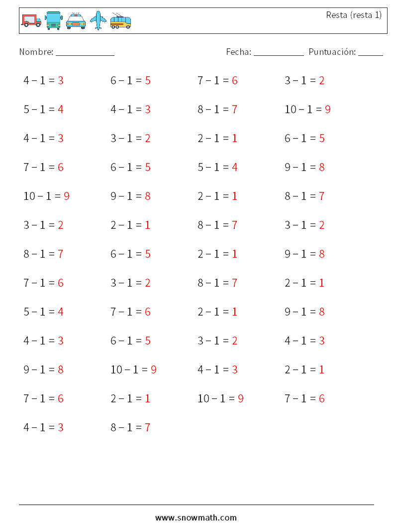 (50) Resta (resta 1) Hojas de trabajo de matemáticas 4 Pregunta, respuesta