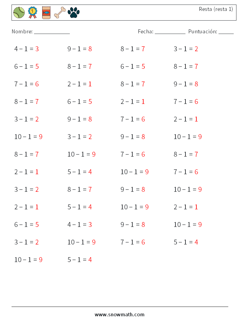 (50) Resta (resta 1) Hojas de trabajo de matemáticas 5 Pregunta, respuesta