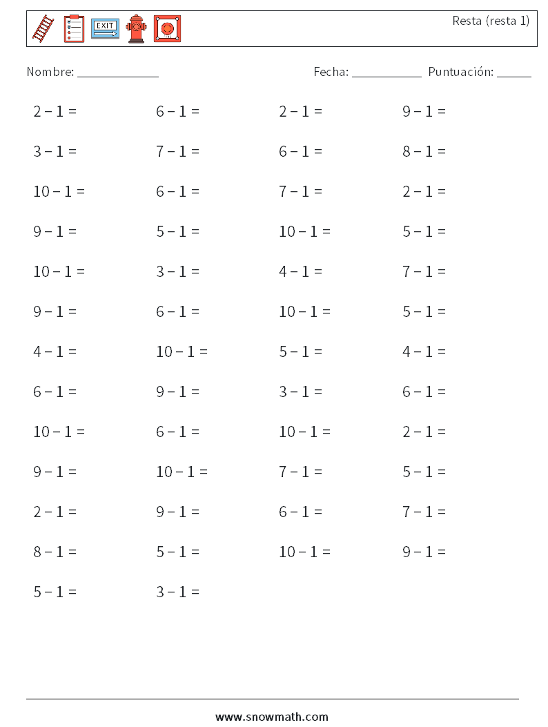 (50) Resta (resta 1) Hojas de trabajo de matemáticas 6