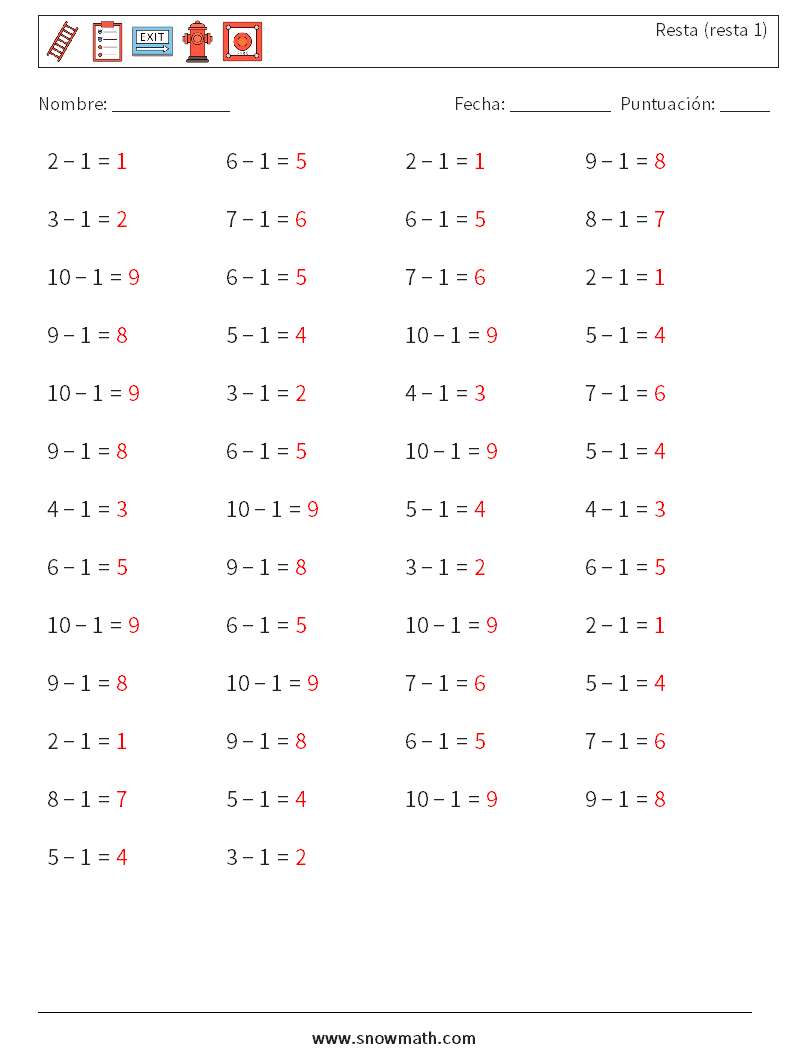 (50) Resta (resta 1) Hojas de trabajo de matemáticas 6 Pregunta, respuesta