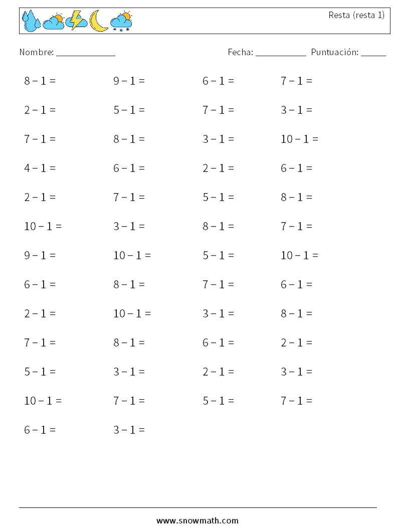 (50) Resta (resta 1) Hojas de trabajo de matemáticas 7