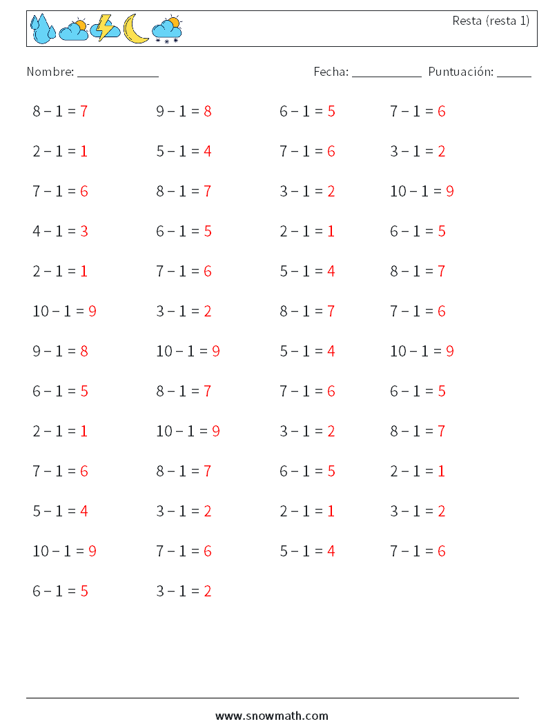 (50) Resta (resta 1) Hojas de trabajo de matemáticas 7 Pregunta, respuesta