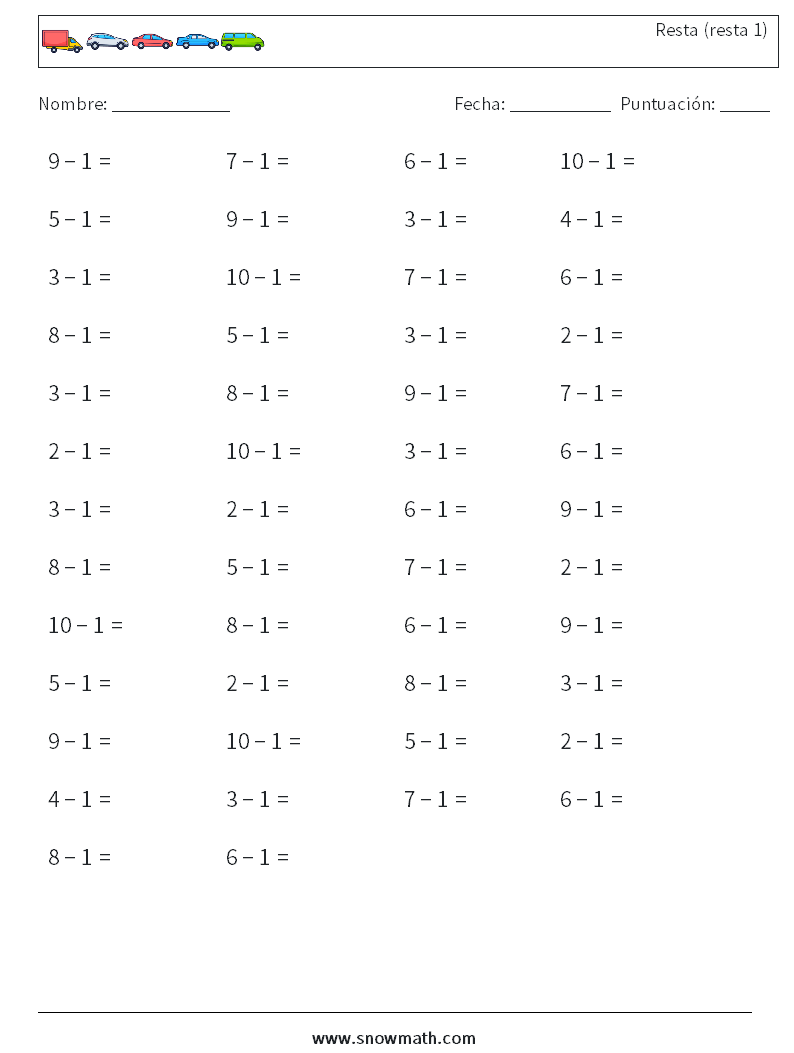 (50) Resta (resta 1) Hojas de trabajo de matemáticas 9