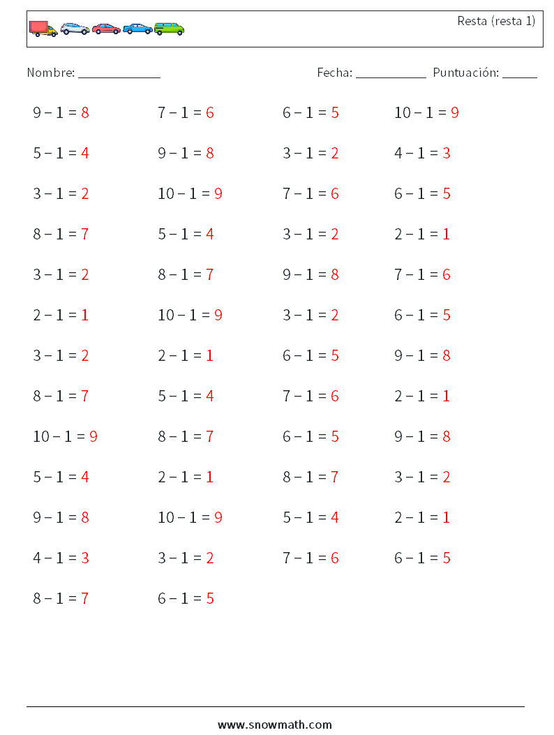 (50) Resta (resta 1) Hojas de trabajo de matemáticas 9 Pregunta, respuesta