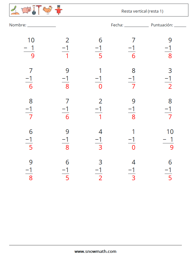 (25) Resta vertical (resta 1) Hojas de trabajo de matemáticas 2 Pregunta, respuesta