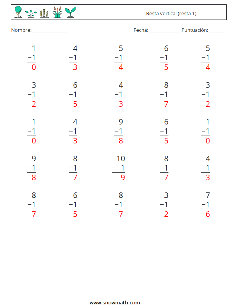 (25) Resta vertical (resta 1) Hojas de trabajo de matemáticas 3 Pregunta, respuesta