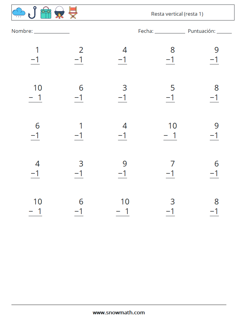 (25) Resta vertical (resta 1) Hojas de trabajo de matemáticas 4